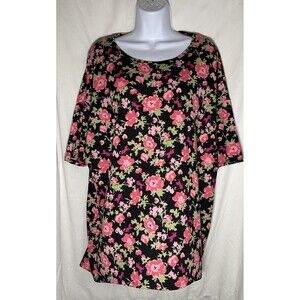 LuLaRoe Irma Tunic Top Large L Floral Unicorn Black Pink Green High Low Sleeve